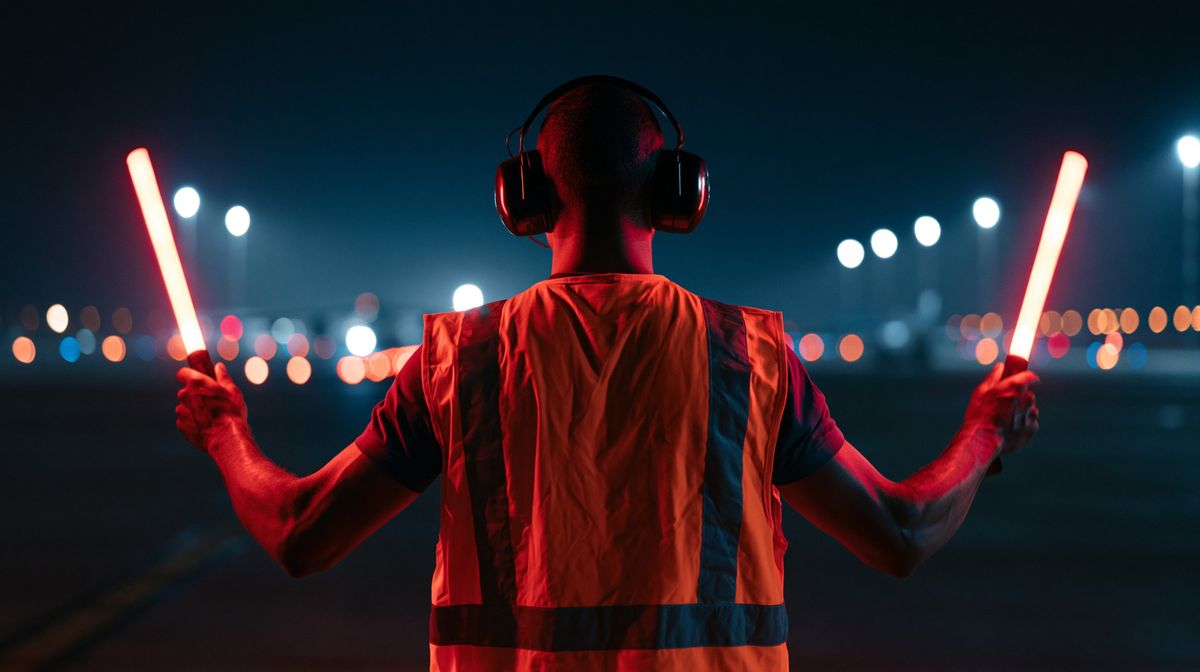 Ramp marshaller with lit wands guiding an aircraft at night