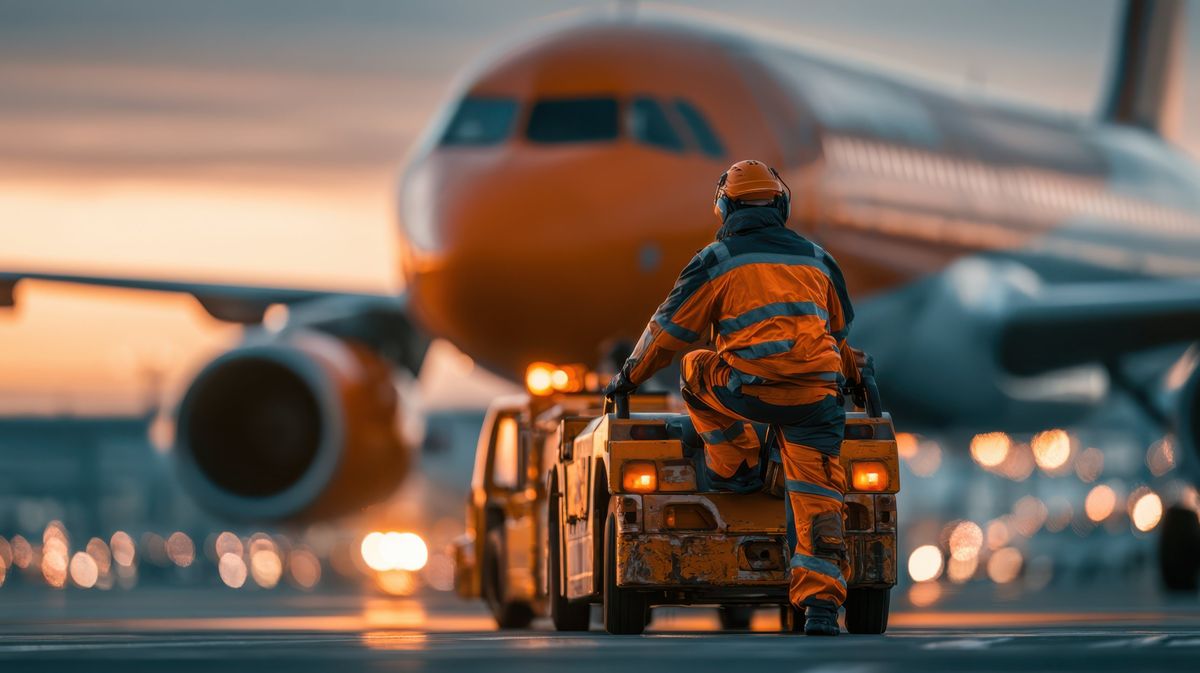Ramp agent operating a pushback tractor in front of an aircraft