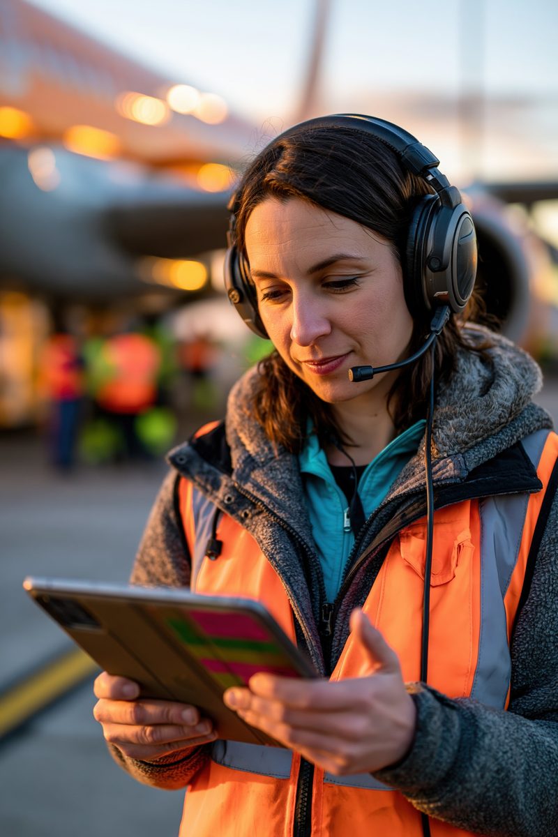 Ramp crew member in a headset and hi-vis vest checking a task list on a tablet beside an aircraft