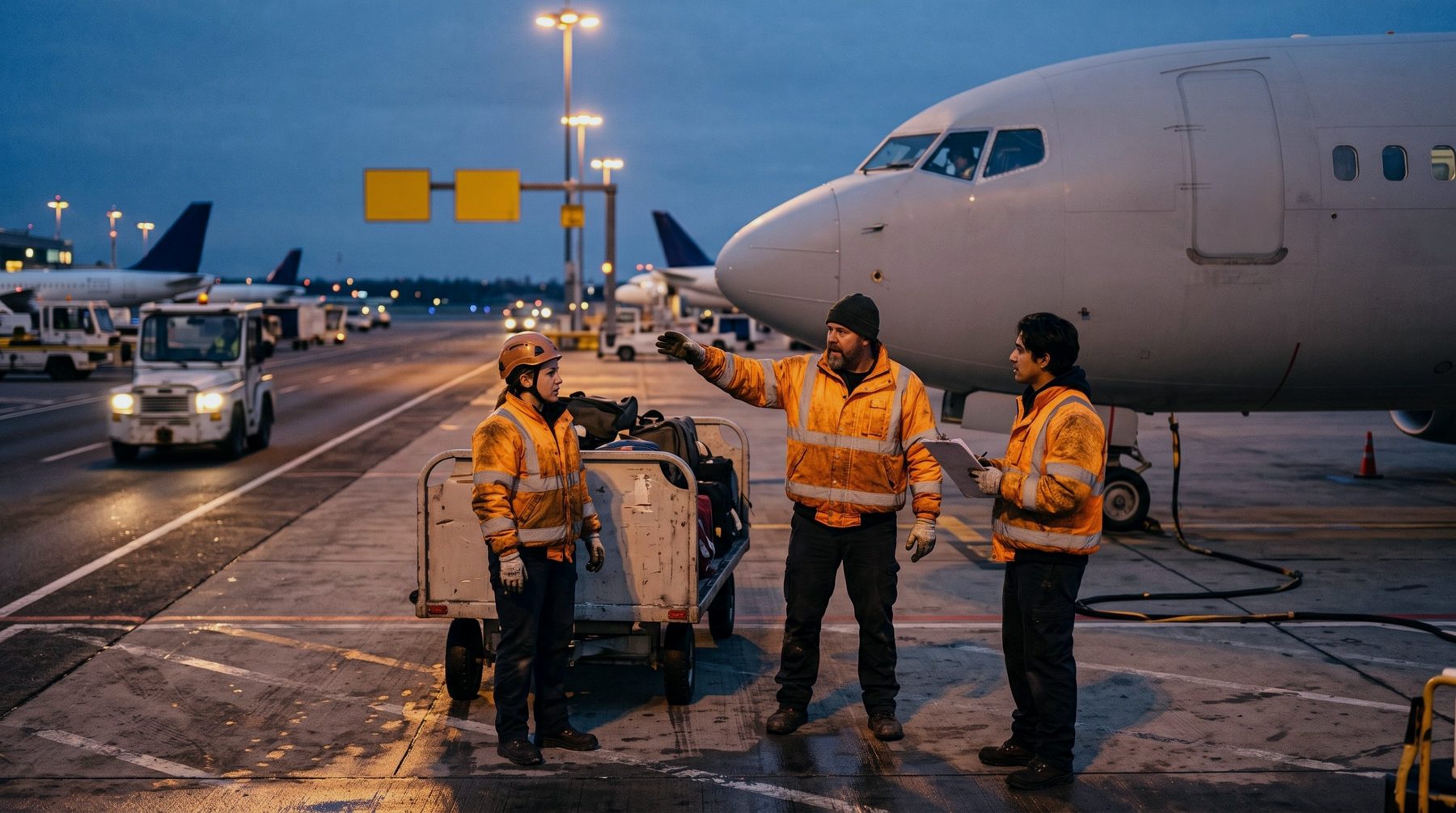 Ramp crew coordinating an aircraft turnaround at dusk