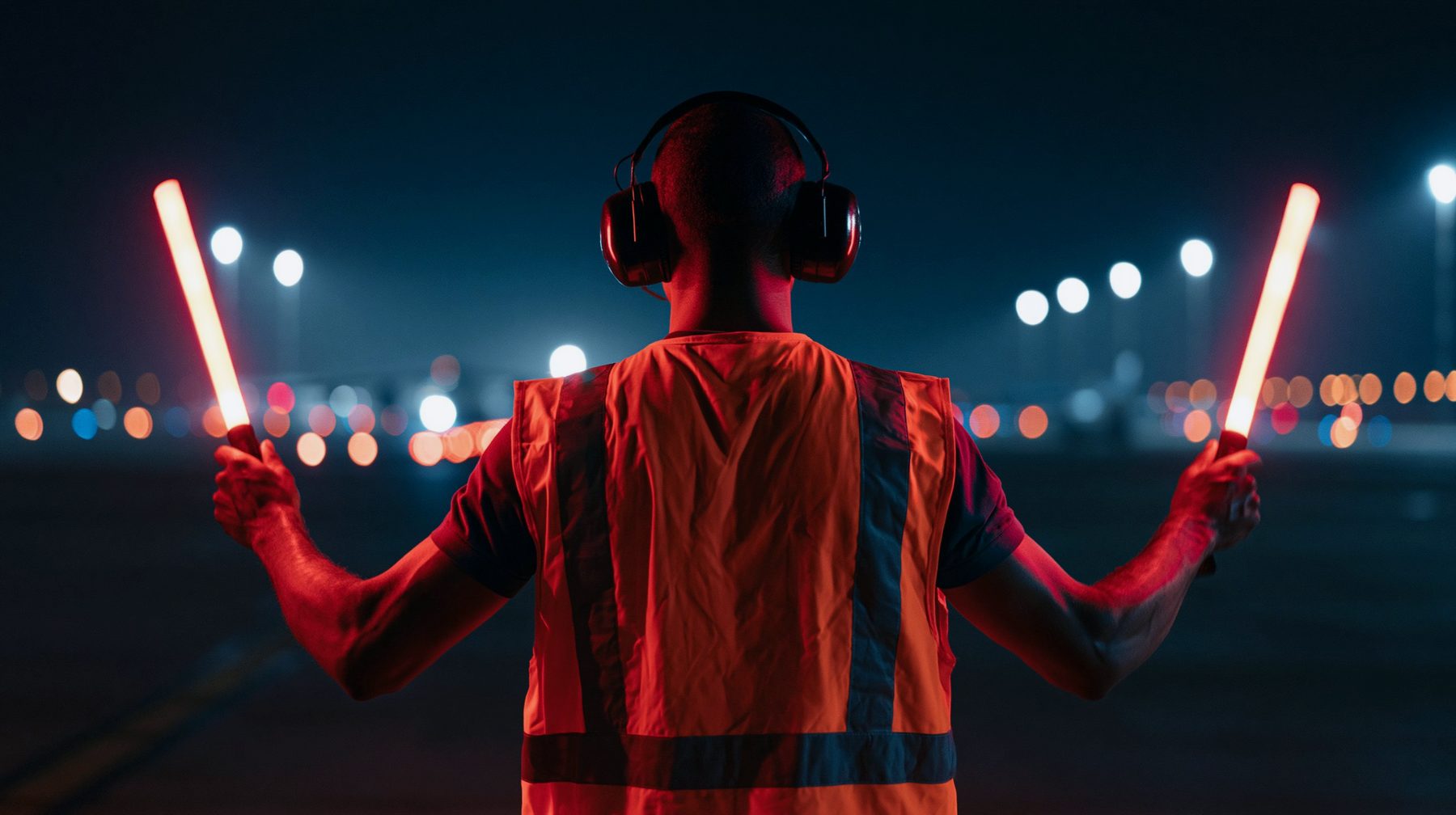 Ramp crew working beside an aircraft at night