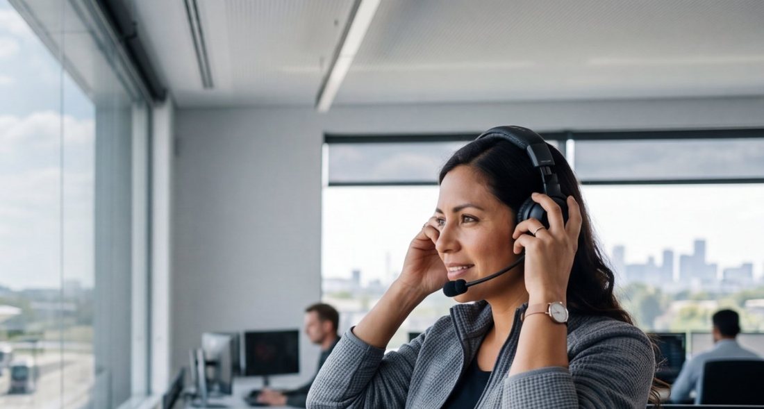 Airport operations controller wearing a headset in a control room above the airfield